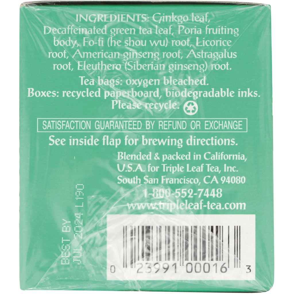 TLT012 | Back of Triple Leaf Tea box with ingredients list, recycle note, satisfaction guarantee, barcode - Thumbnail