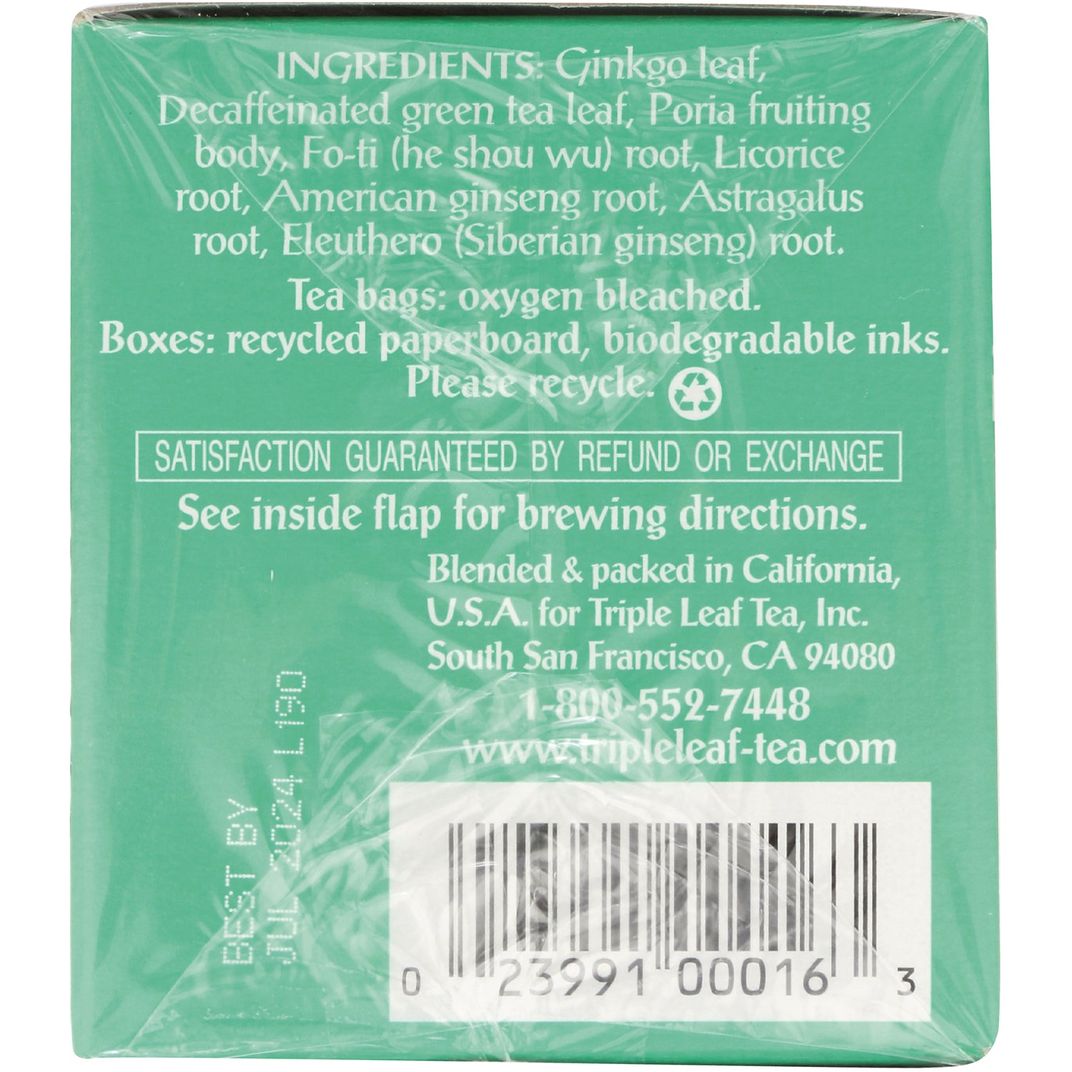 TLT012 | Back of Triple Leaf Tea box with ingredients list, recycle note, satisfaction guarantee, barcode