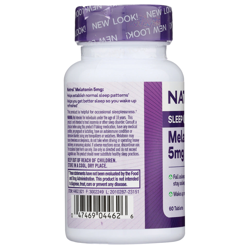 NA437 | Natrol Melatonin 5mg back label showing warnings, barcode, and directions - Thumbnail