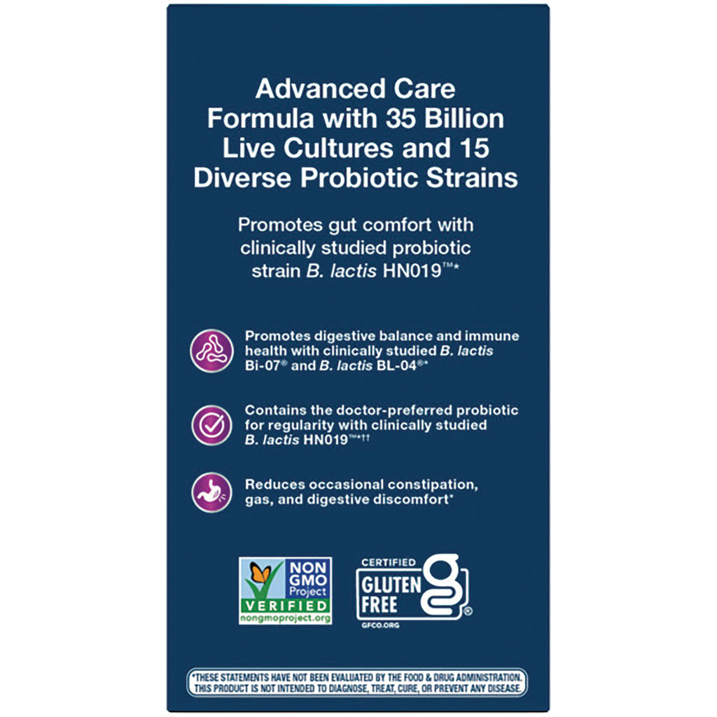 NW642 | back panel stating Advanced Care formula with 35 Billion live cultures, benefits and Non-GMO and Gluten Free logos - Thumbnail
