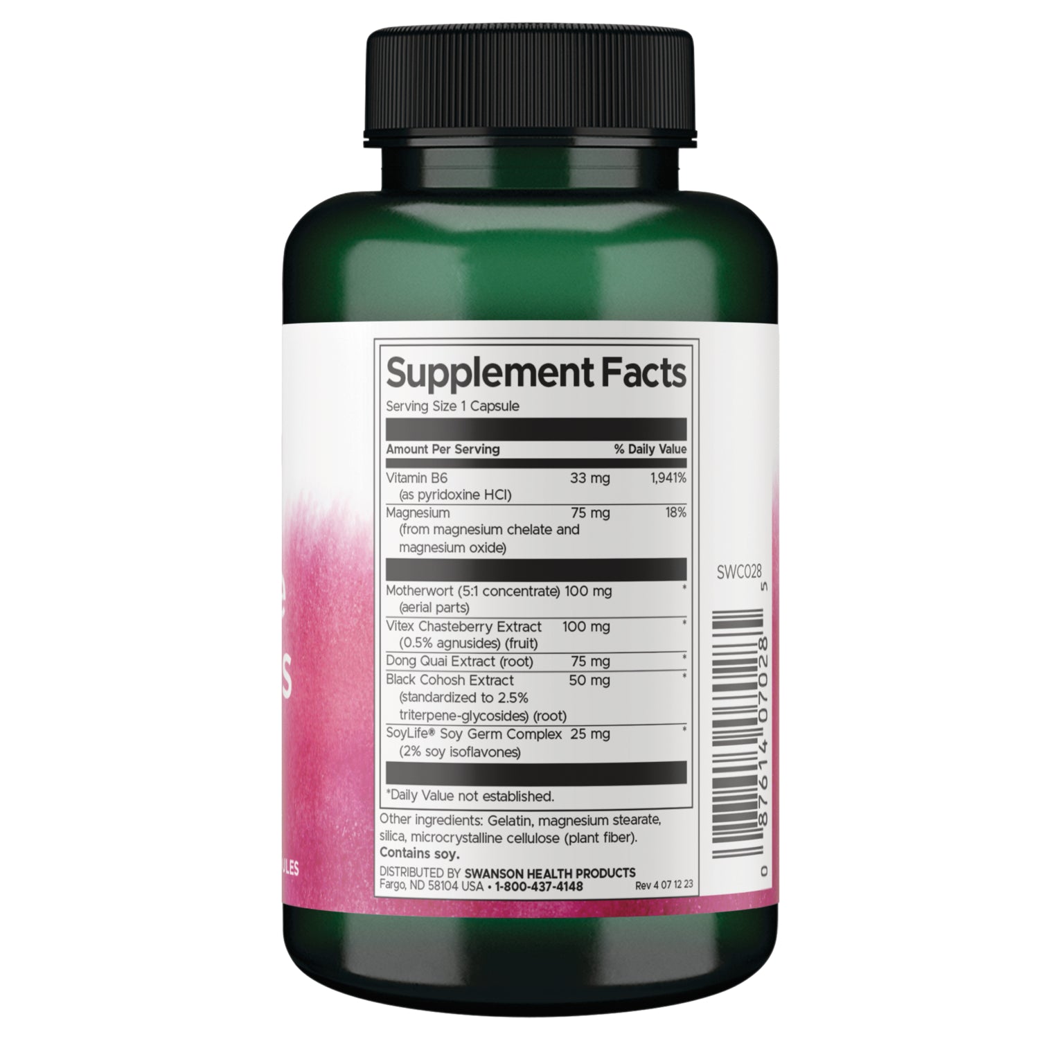 SWC028 | Back label with Supplement Facts panel, ingredients, and barcode