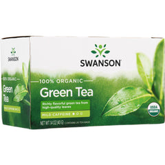 SWF084 | Swanson 100% Organic Green Tea, mild caffeine, 20 tea bags, front of box