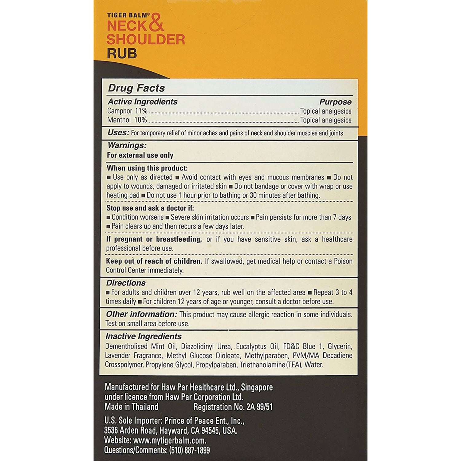 PPC011 | back panel showing drug facts, warnings, directions and inactive ingredients for Tiger Balm Neck & Shoulder Rub