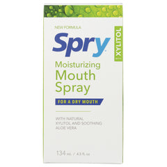 XL026 | Spry Moisturizing Mouth Spray box front, New Formula with Xylitol, For a Dry Mouth, 134 mL (4.5 fl oz)