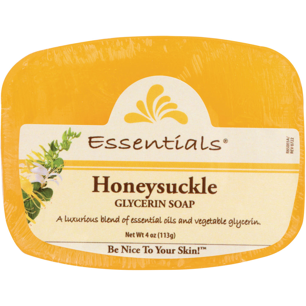 CLN008 | Yellow-wrapped Essentials Honeysuckle glycerin soap bar with floral label Net Wt 4 oz (113g) - Thumbnail