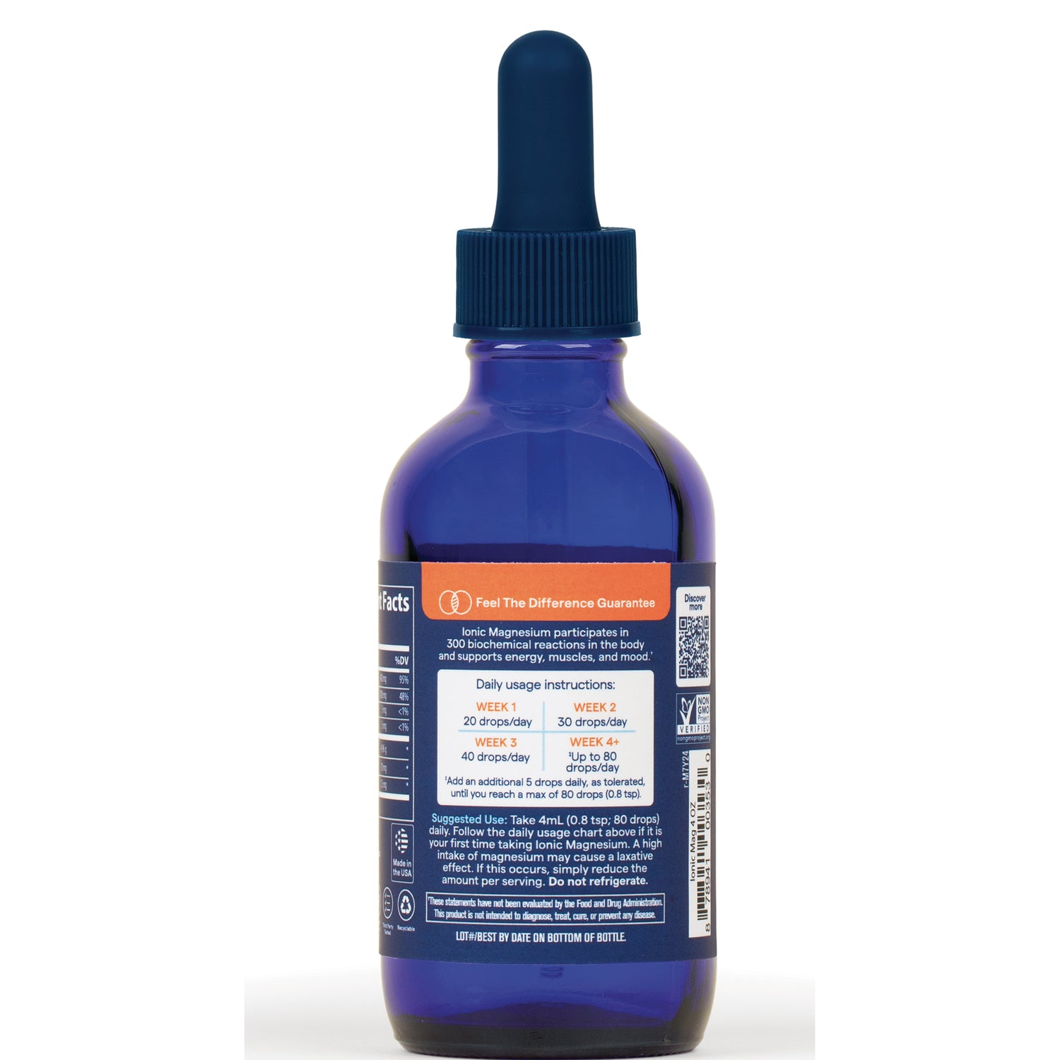 TM080 | Back of blue dropper bottle showing supplement facts, daily usage instructions, and QR code