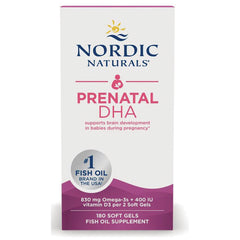 NRN061 | Front of Nordic Naturals Prenatal DHA fish oil supplement box showing brand and product name, 180 soft gels