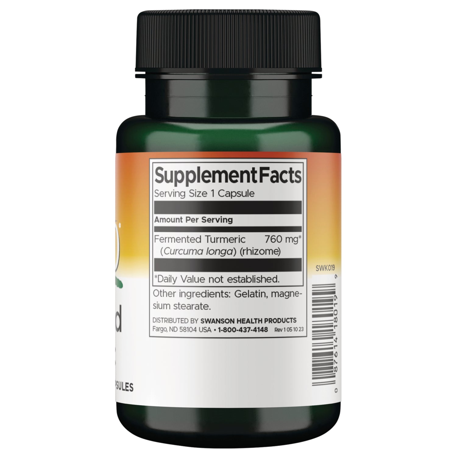 SWK019 | Back label with Supplement Facts for fermented turmeric 760 mg and ingredients
