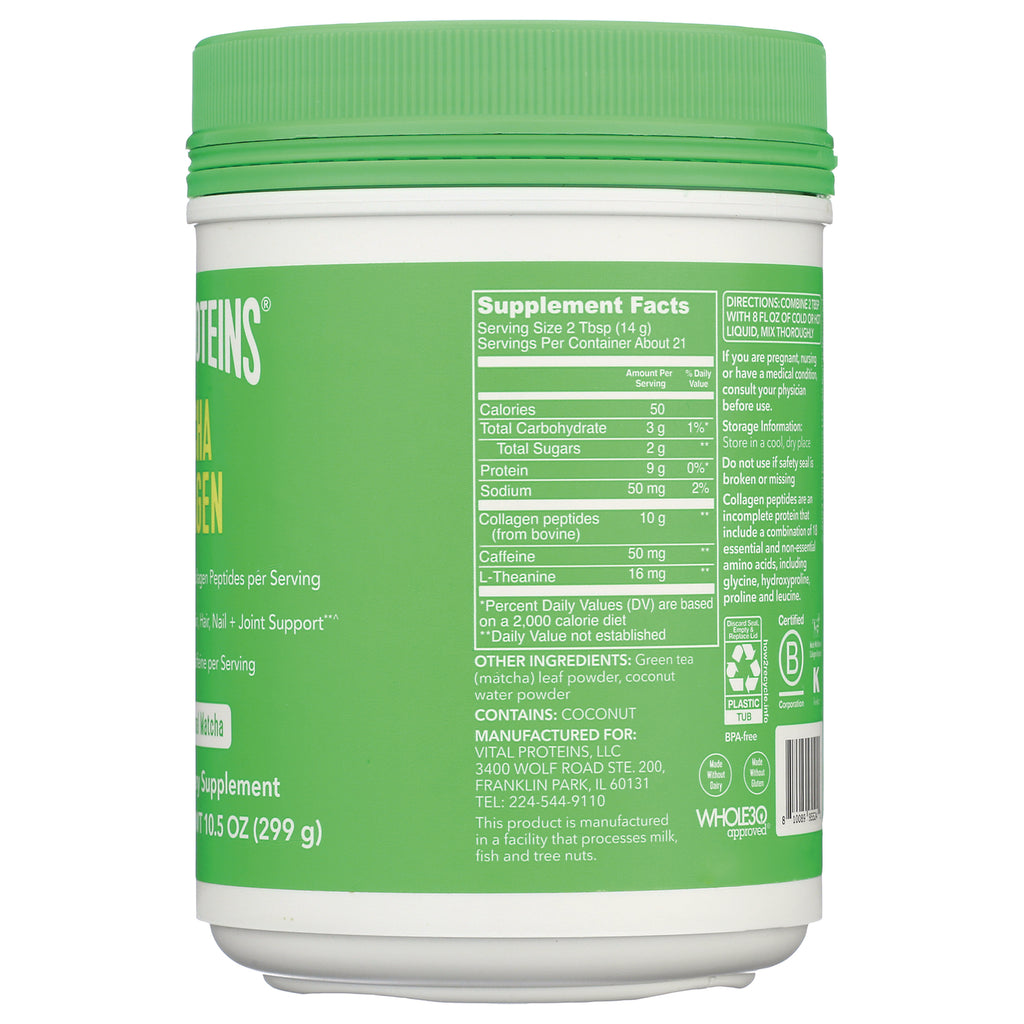 VPR058 | Supplement Facts and directions on back of green Vital Proteins Matcha Collagen tub - Thumbnail