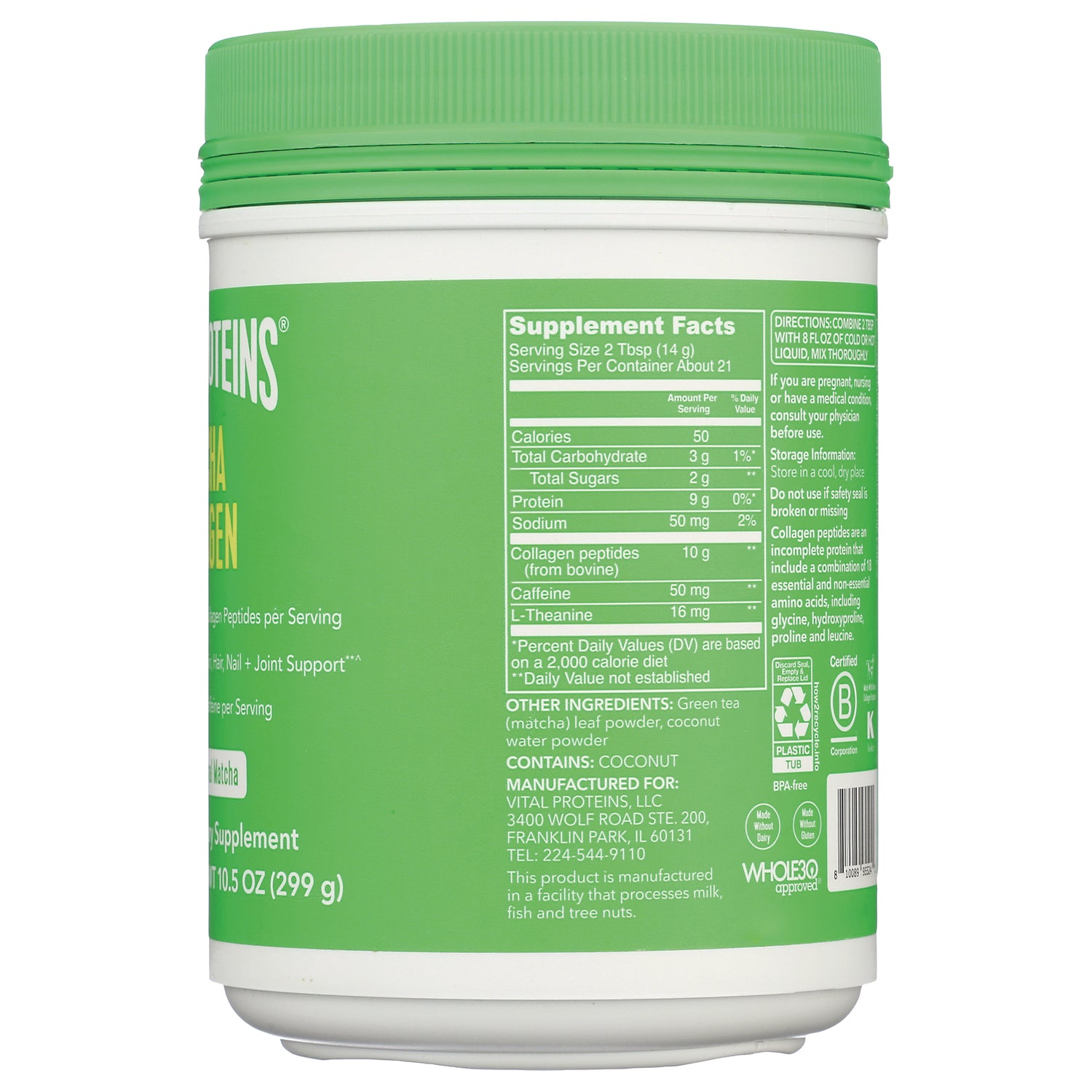 VPR058 | Supplement Facts and directions on back of green Vital Proteins Matcha Collagen tub