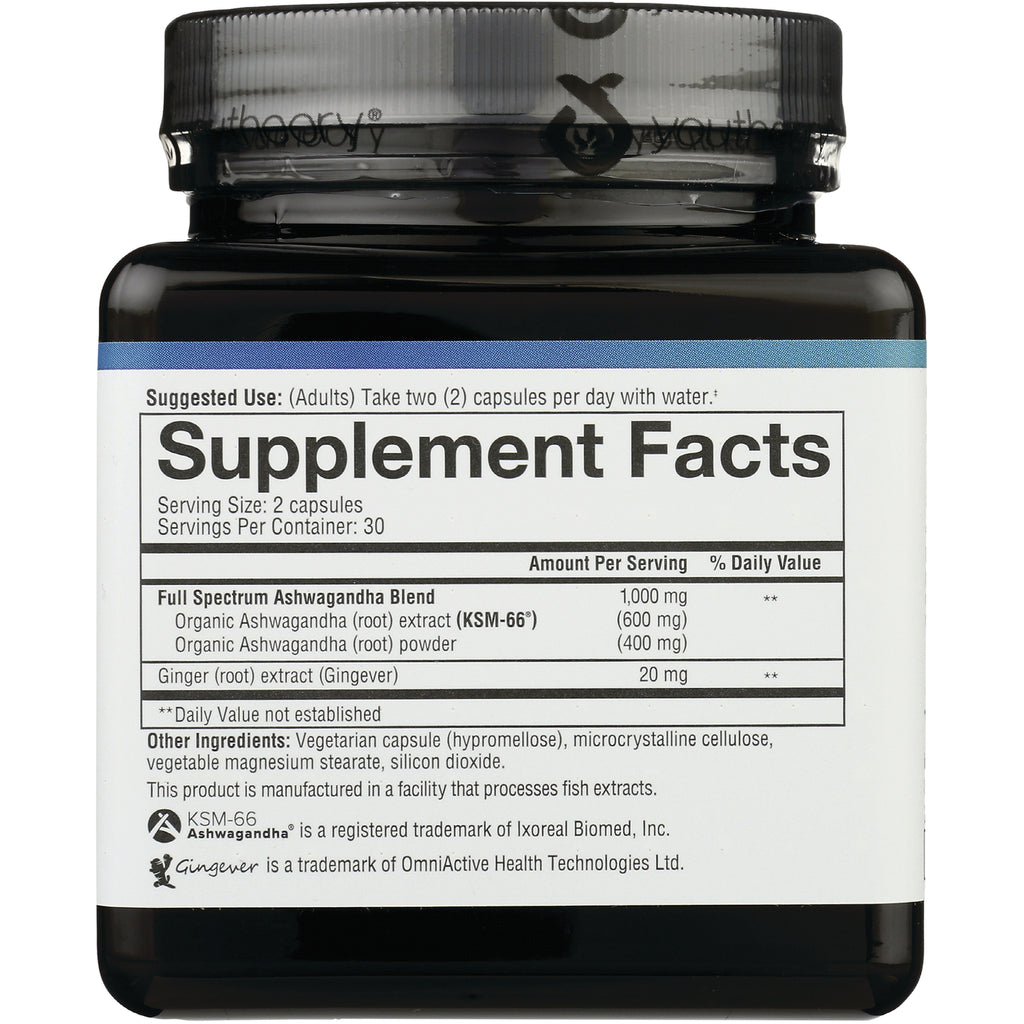 YOU012 | Supplement Facts: serving size 2 capsules, 30 servings, Ashwagandha blend 1000 mg (KSM-66), Ginger extract 20 mg - Thumbnail
