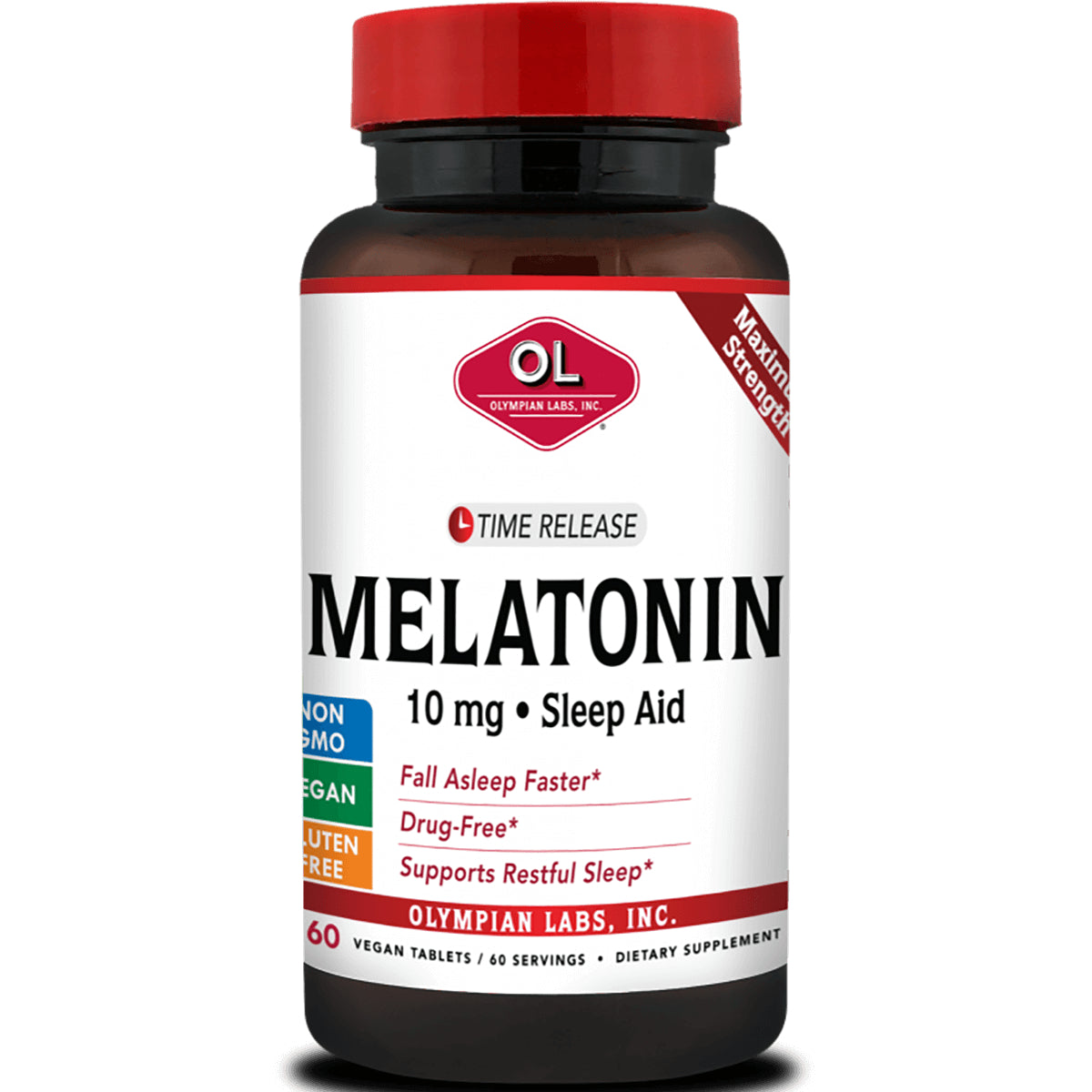 OL121 | Melatonin 10 mg time release sleep aid bottle by Olympian Labs with white label and red cap