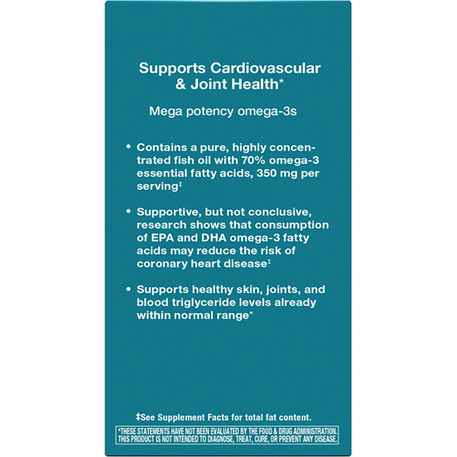 NW815 | Teal product infographic listing omega-3 benefits and bullets about concentrated fish oil, heart and joint support