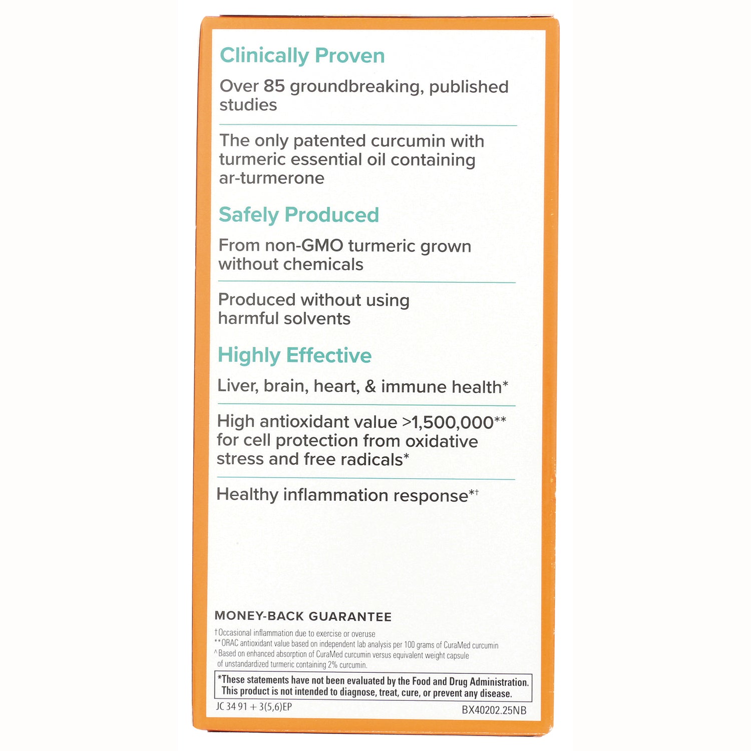 EUR055 | back panel of turmeric supplement box listing clinically proven, safely produced, and highly effective claims