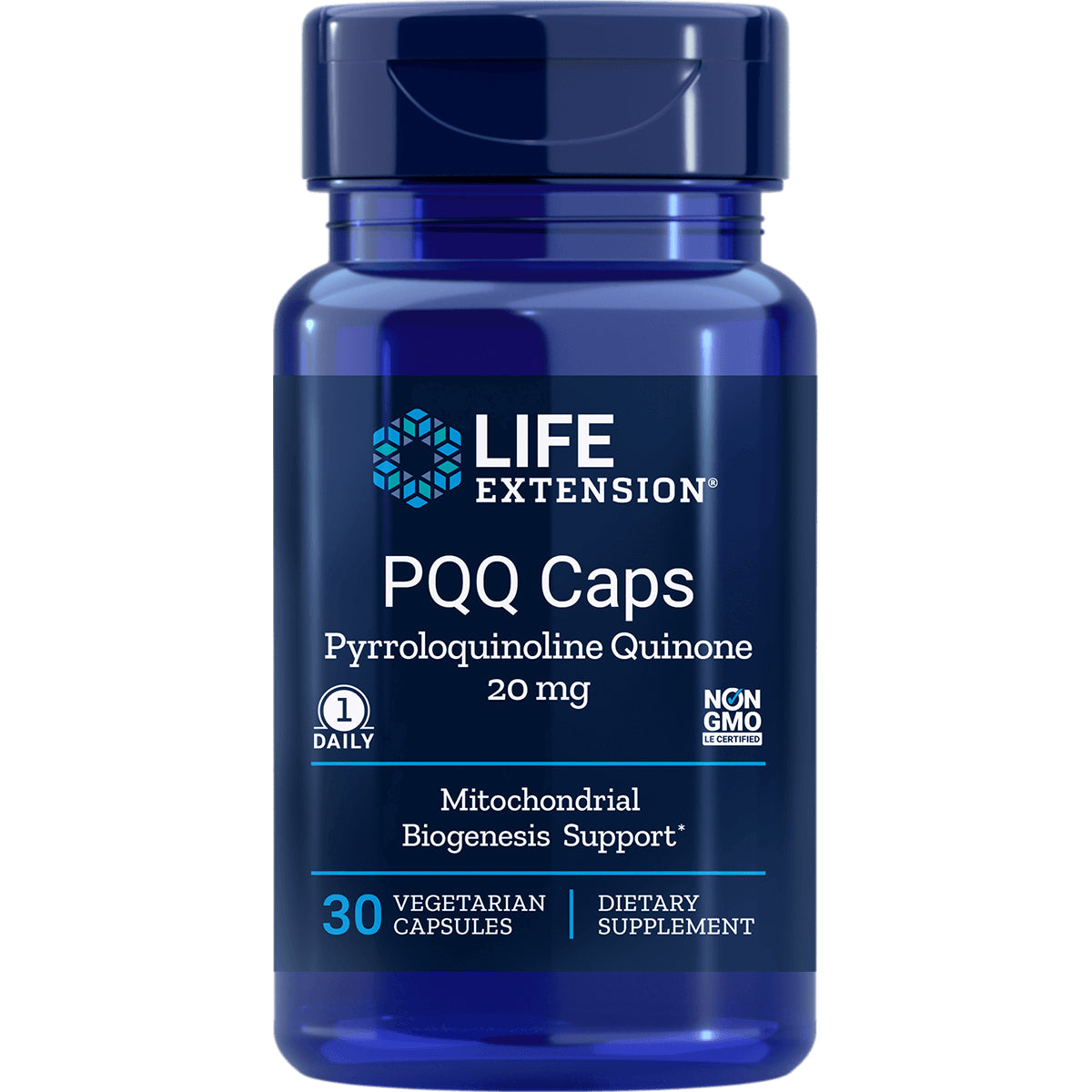 LE198 | blue Life Extension bottle labeled PQQ Caps Pyrroloquinoline Quinone 20 mg 30 vegetarian capsules dietary supplement