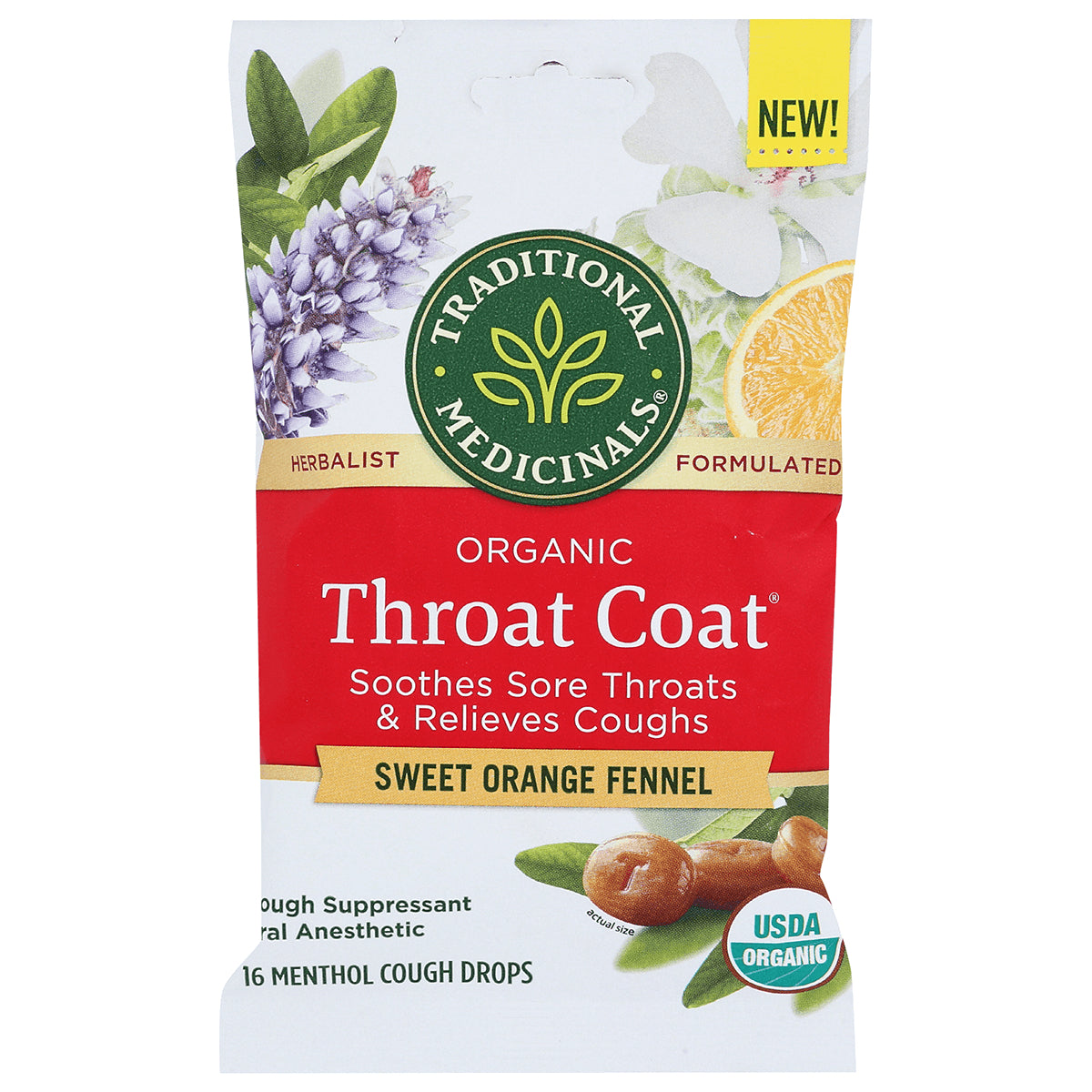 TMD053 | Traditional Medicinals Organic Throat Coat Sweet Orange Fennel menthol cough drops, 16 count