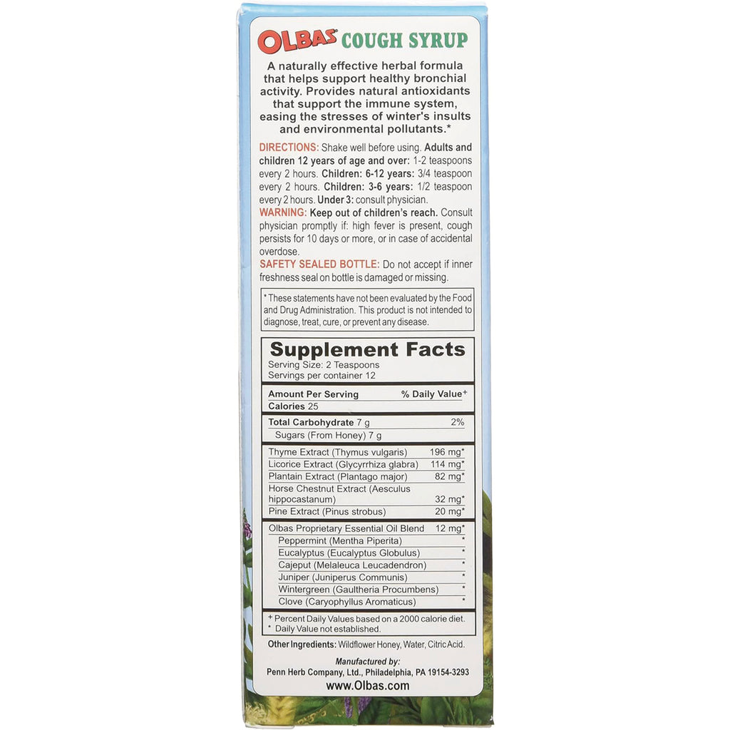 OLB003 | Back panel of Olbas Cough Syrup showing directions, warnings and Supplement Facts label - Thumbnail
