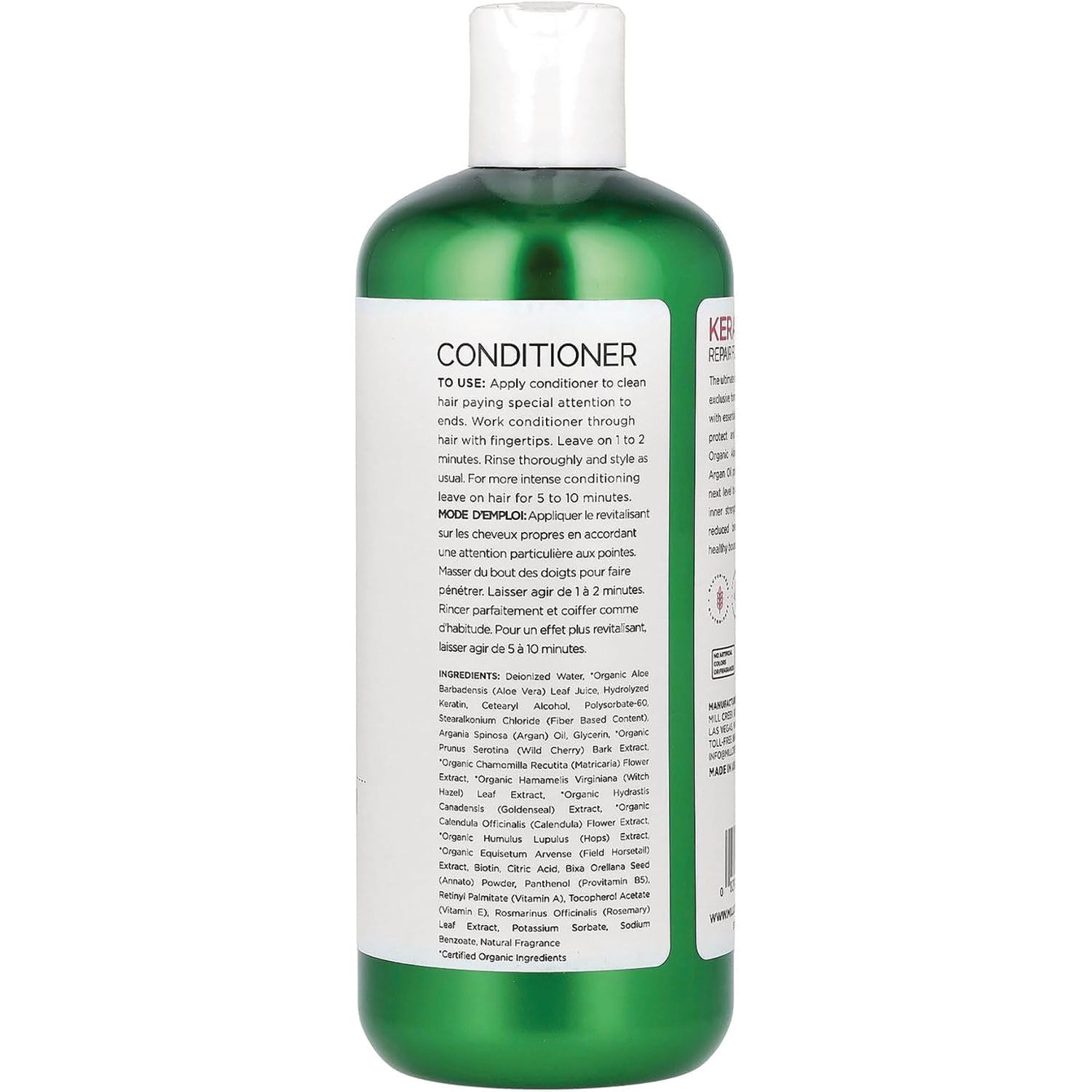 MCB015 | Back of green conditioner bottle showing directions, ingredients, and usage information