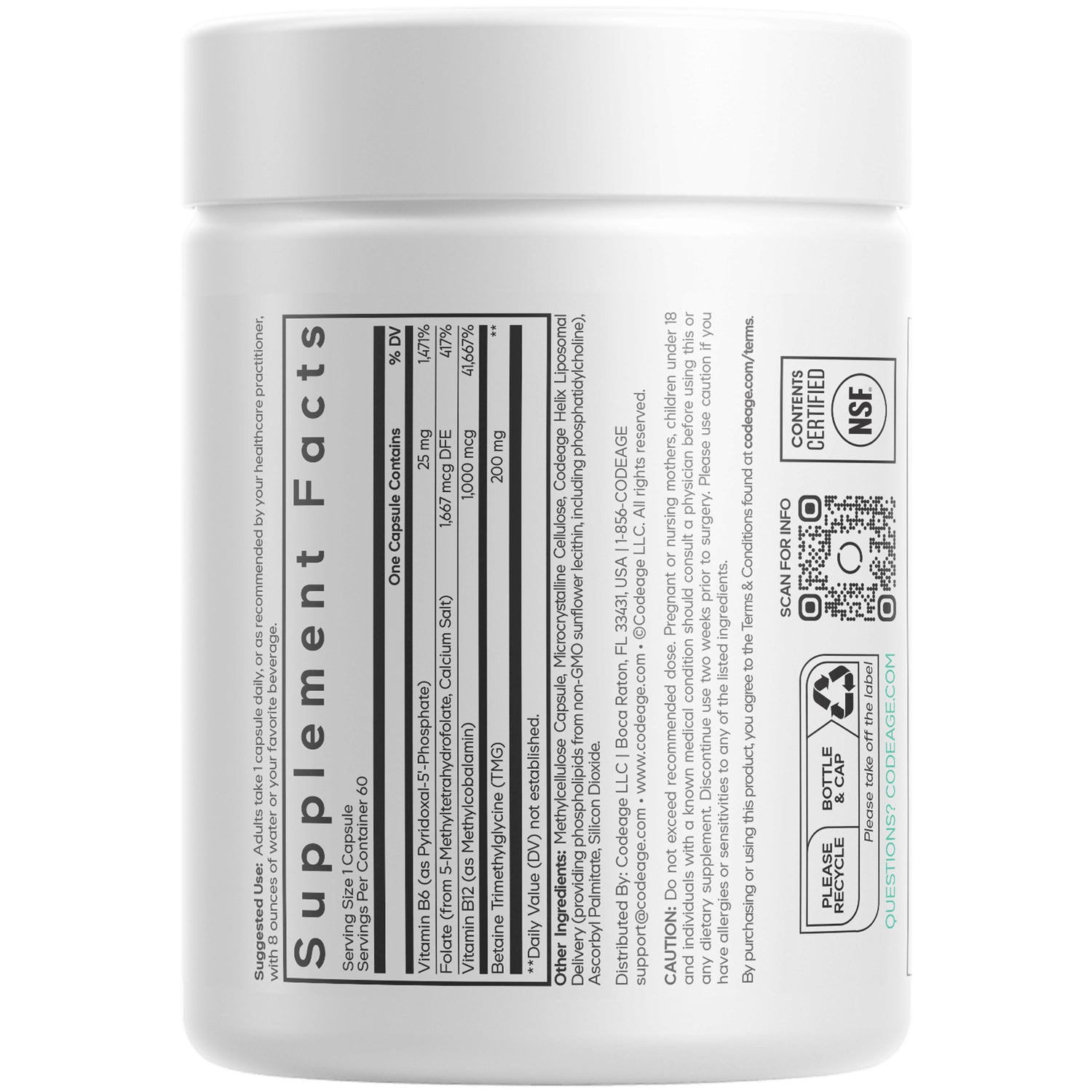 CDG066 | back of white supplement bottle showing Supplement Facts panel, ingredients, QR code and recycle icons