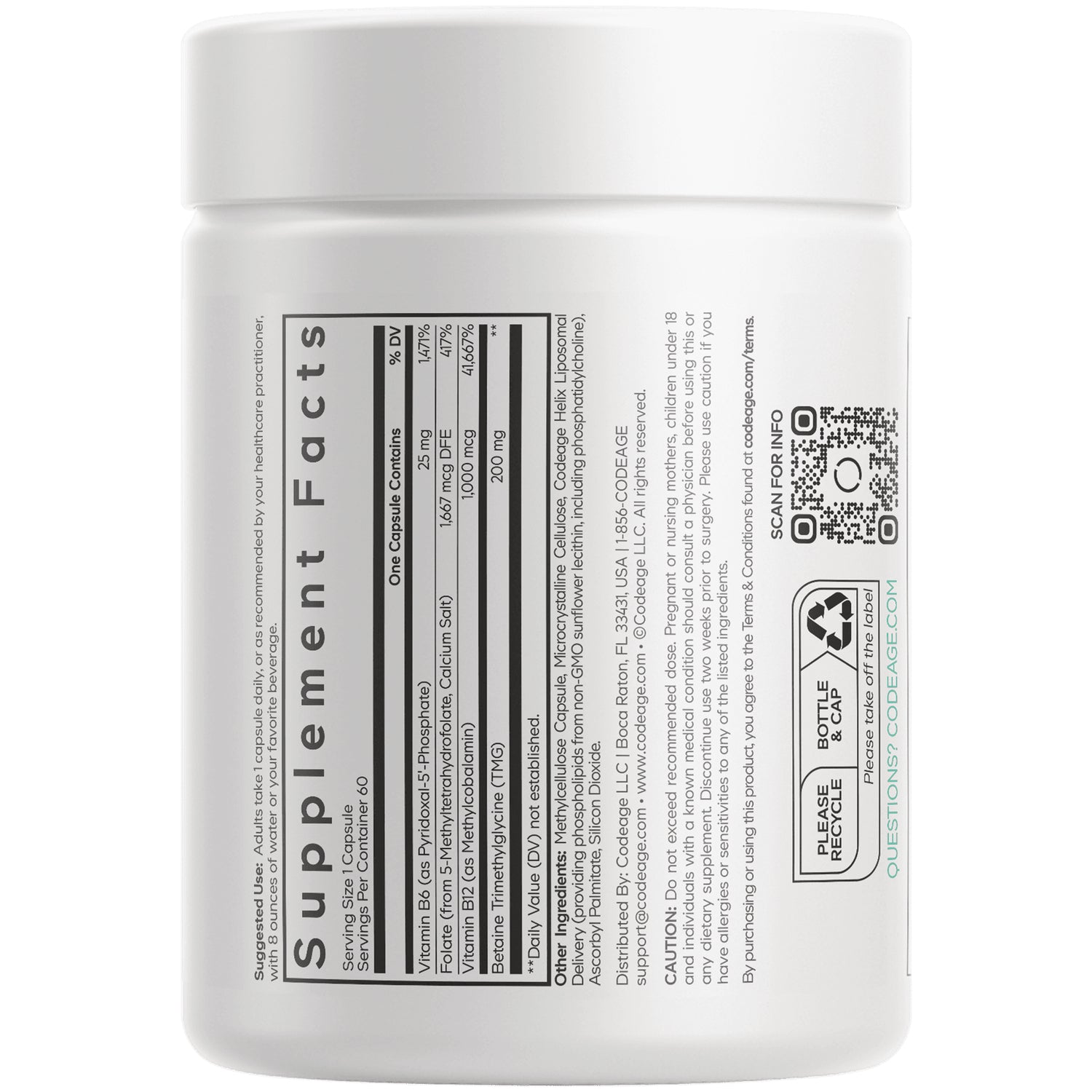 CDG066 | back of white supplement bottle showing Supplement Facts panel, ingredients, QR code and recycle icons