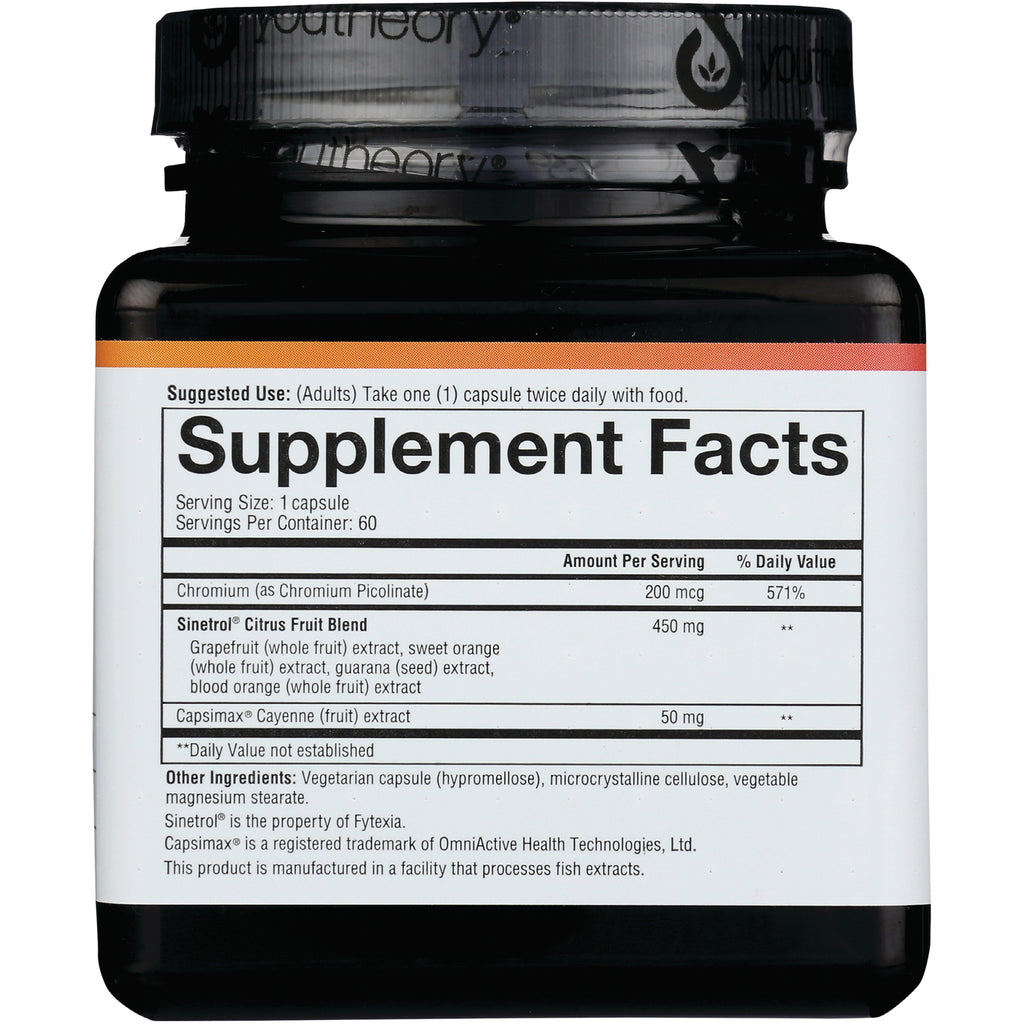 YOU015 | Back label Supplement Facts; serving size 1 capsule, 60 servings, chromium 200 mcg, citrus blend 450 mg - Thumbnail