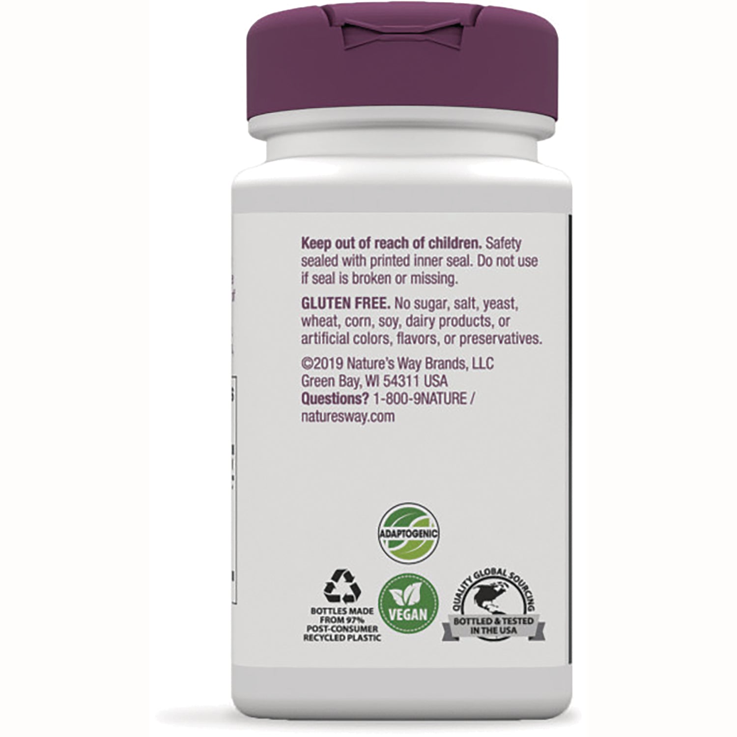 NW072 | back label of white supplement bottle with Keep out of reach of children warning, GLUTEN FREE text and vegan and recycling icons