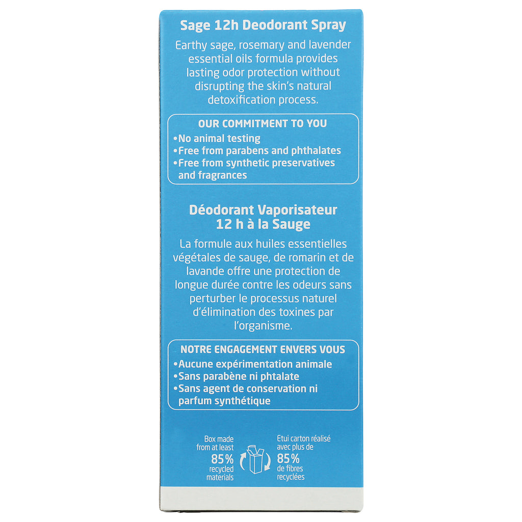 WEL015 | Back panel of Sage 12h Deodorant Spray box with commitment: no animal testing, free from parabens and phthalates - Thumbnail