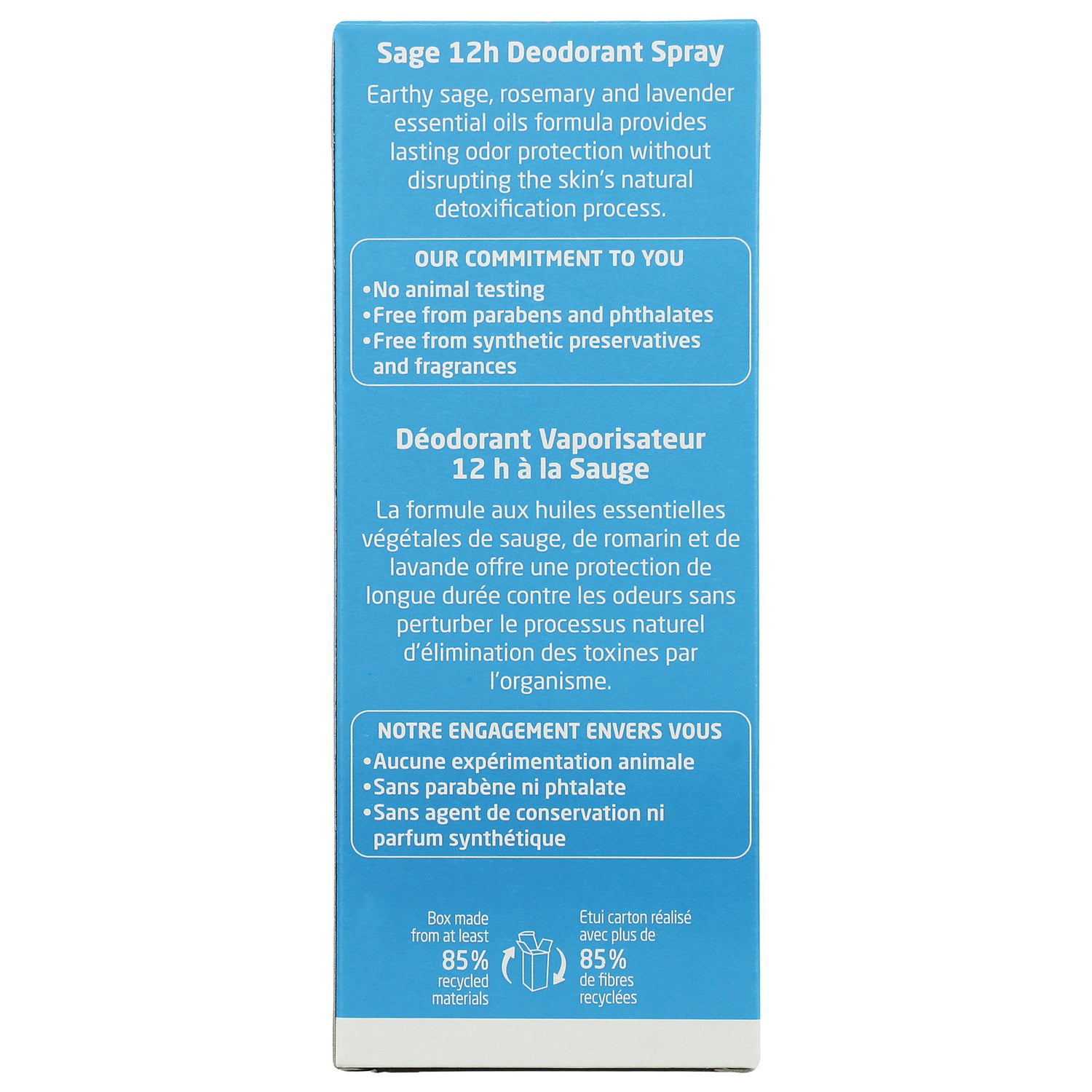WEL015 | Back panel of Sage 12h Deodorant Spray box with commitment: no animal testing, free from parabens and phthalates