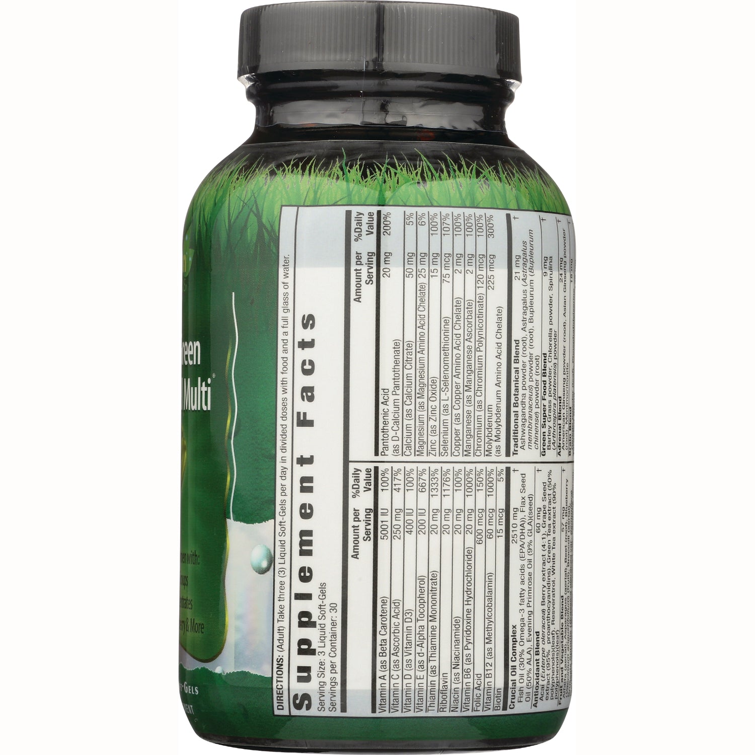 IR081 | back label showing Supplement Facts panel and ingredient table on green supplement bottle