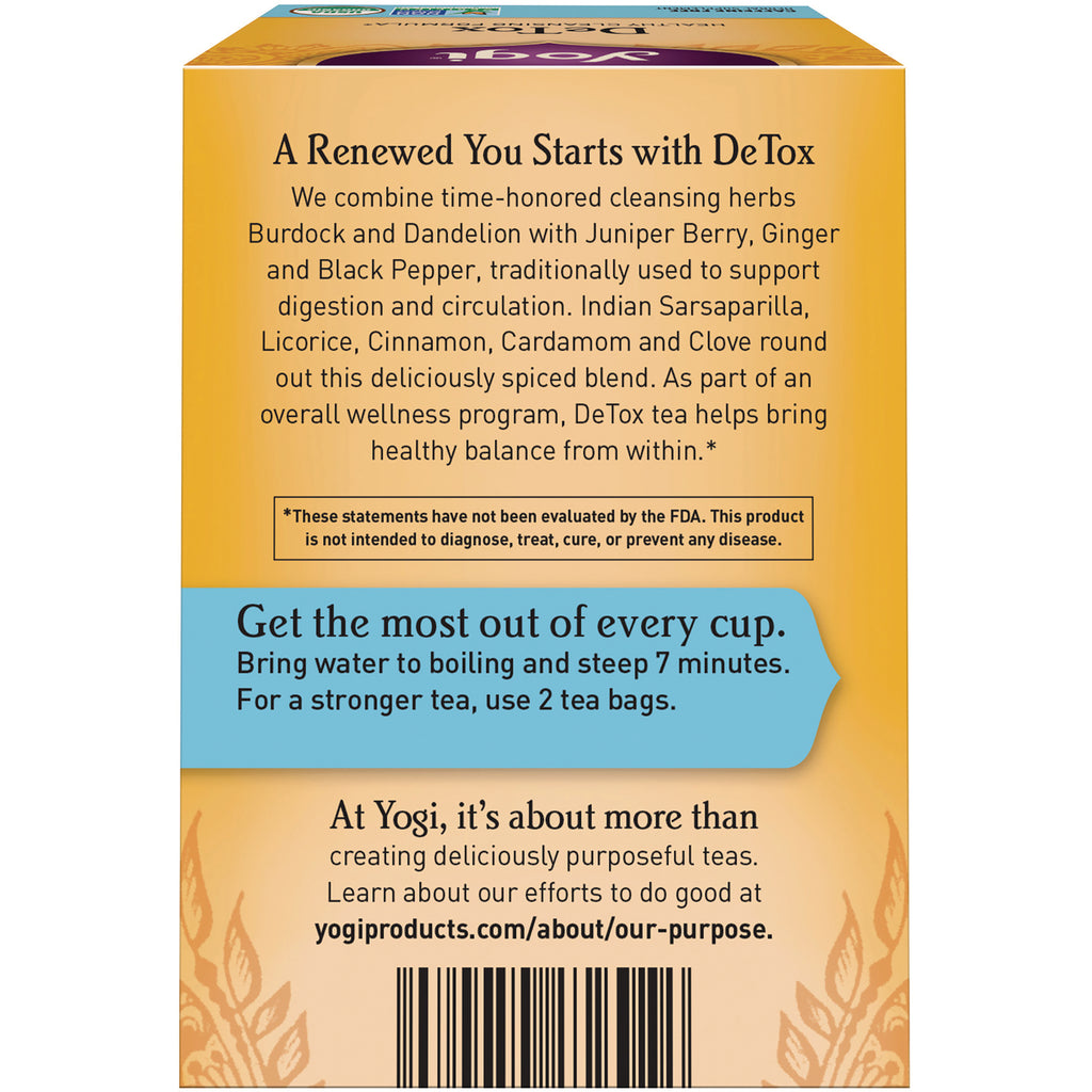 AHW003 | Back of DeTox tea box with product story, FDA statement, brewing directions, and barcode - Thumbnail
