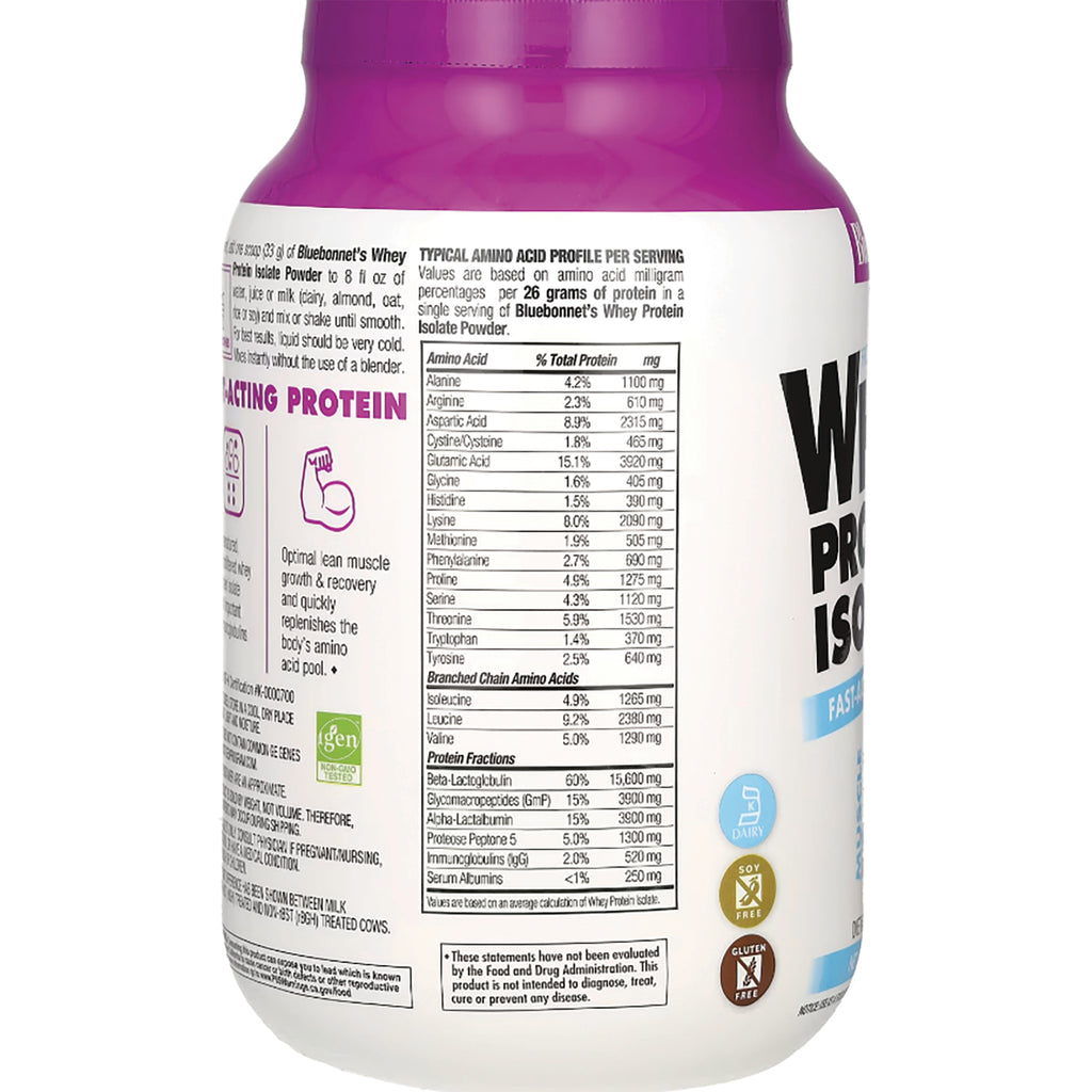 BLU133 | supplement tub back label showing typical amino acid profile table and protein facts - Thumbnail