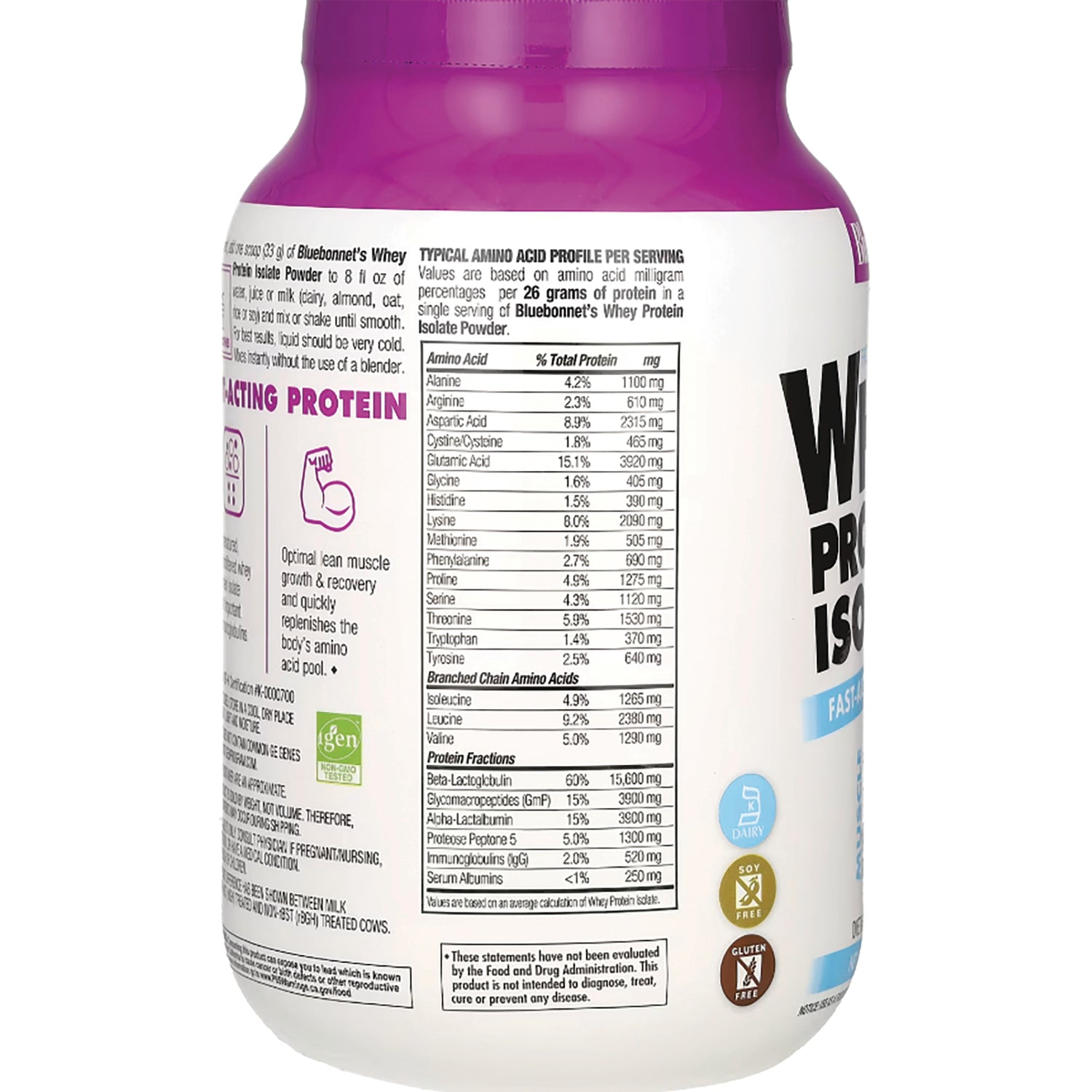 BLU133 | supplement tub back label showing typical amino acid profile table and protein facts