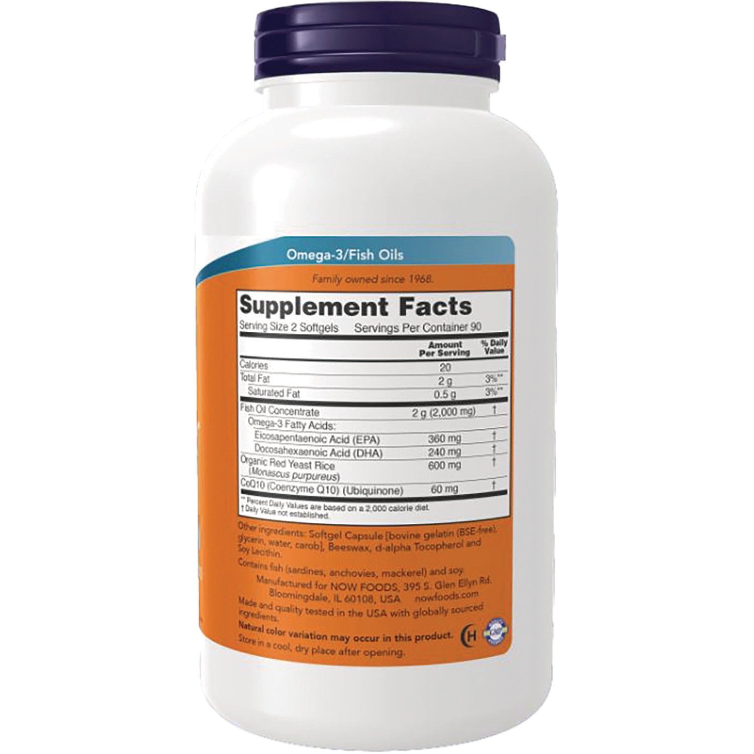 NWF908 | Back label showing Supplement Facts panel and ingredients for omega-3 fish oil softgels