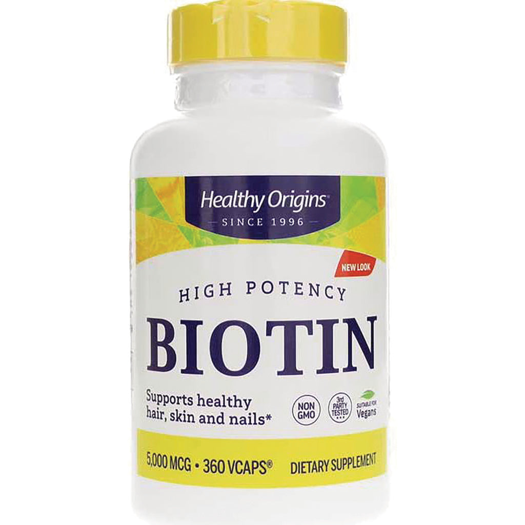 HRG095 | Healthy Origins high potency Biotin bottle front label showing 5,000 MCG 360 VCAPS and supports healthy hair, skin and nails - Thumbnail