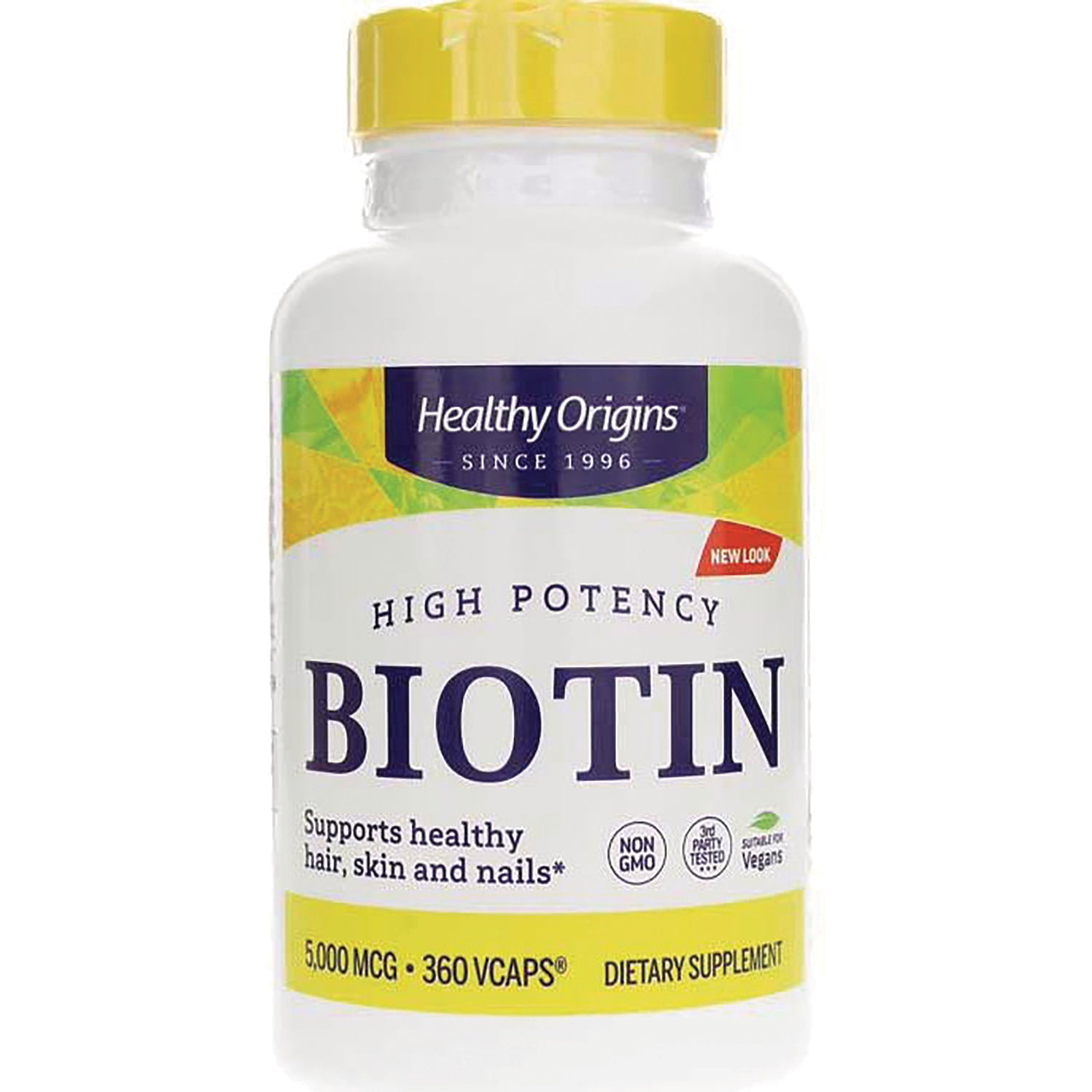 HRG095 | Healthy Origins high potency Biotin bottle front label showing 5,000 MCG 360 VCAPS and supports healthy hair, skin and nails