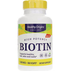 HRG095 | Healthy Origins high potency Biotin bottle front label showing 5,000 MCG 360 VCAPS and supports healthy hair, skin and nails