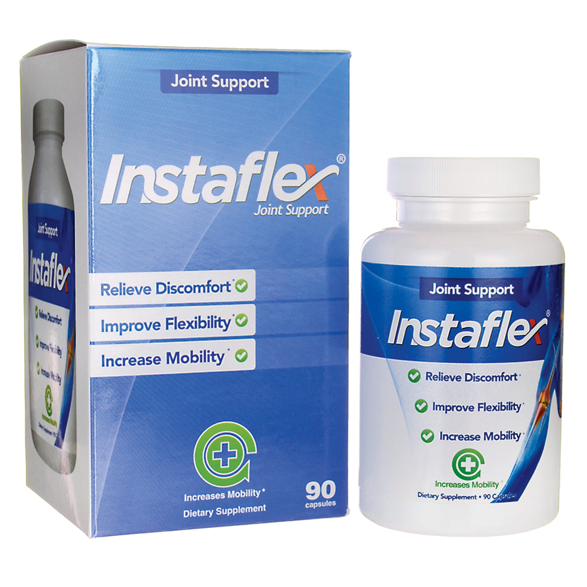 ISF001 | Instaflex joint support supplement bottle and box listing Relieve Discomfort, Improve Flexibility, Increase Mobility