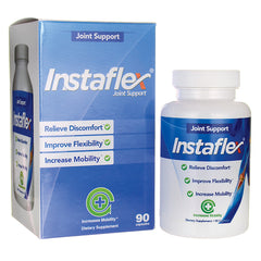 ISF001 | Instaflex joint support supplement bottle and box listing Relieve Discomfort, Improve Flexibility, Increase Mobility