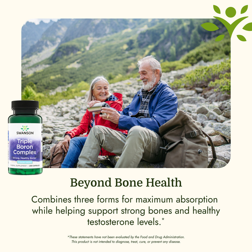 SW599 | Swanson Triple Boron Complex bottle with hikers and text about strong bones and healthy testosterone levels - Thumbnail