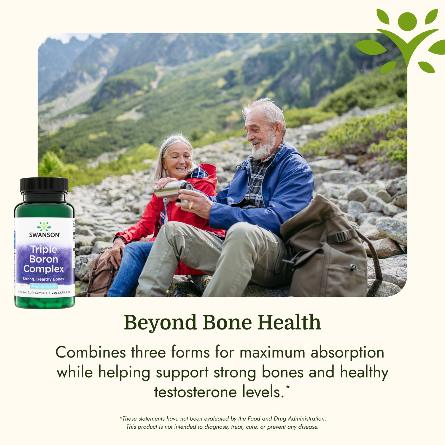 SW599 | Swanson Triple Boron Complex bottle with hikers and text about strong bones and healthy testosterone levels