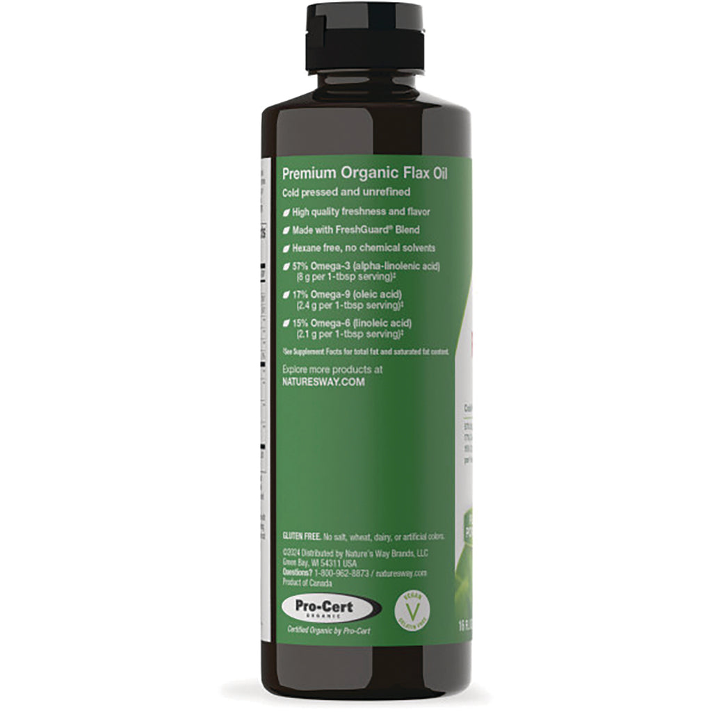 NW842 | Back of dark bottle with green label showing Premium Organic Flax Oil nutrition text and certification logos - Thumbnail