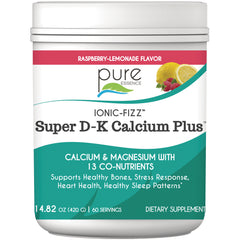 Pure Essence Super D-K Calcium Plus supplement tub, raspberry-lemonade flavor label showing calcium & magnesium with 13 co-nutrients