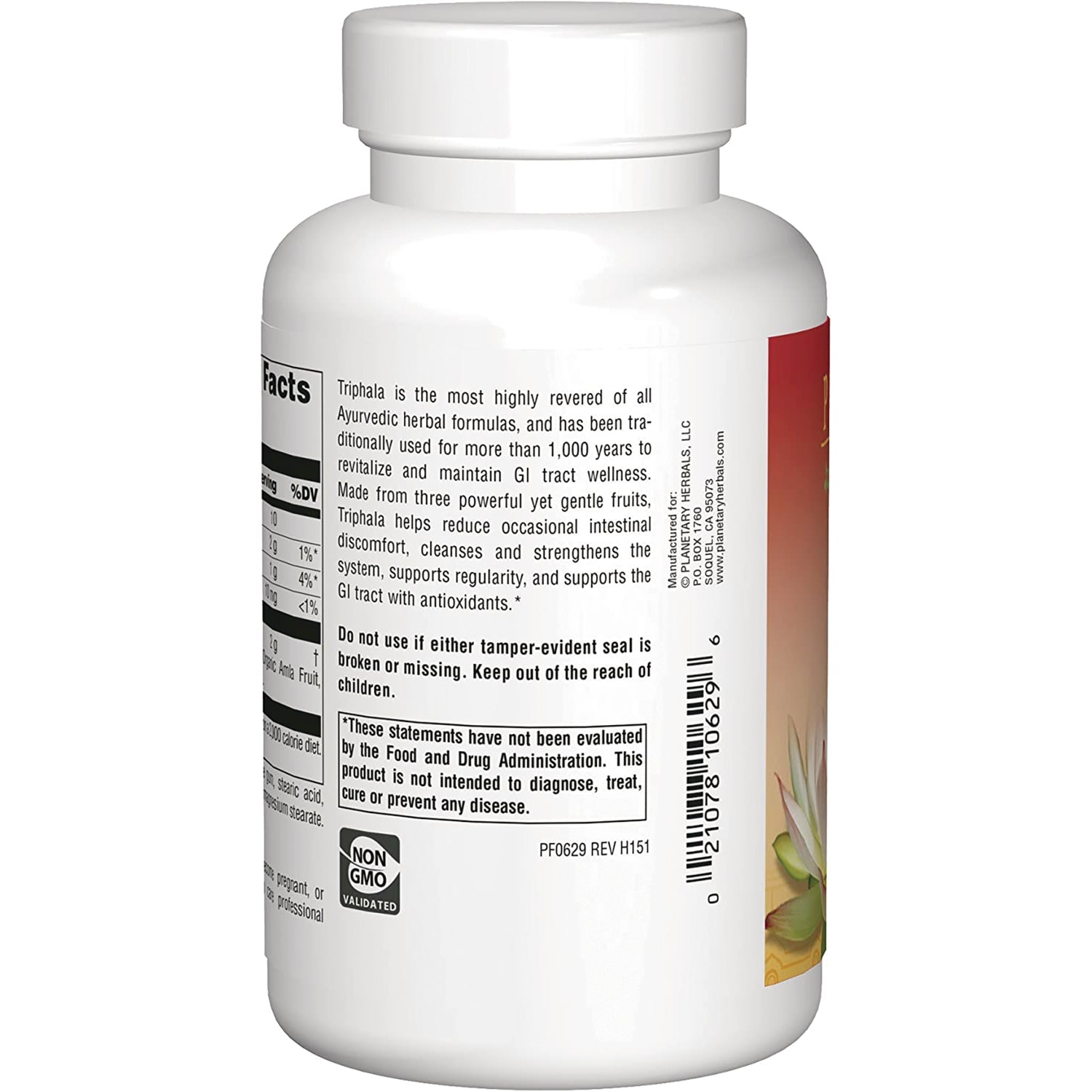 PF088 | Back of white supplement bottle showing ingredient and warning panel, barcode and non-GMO seal