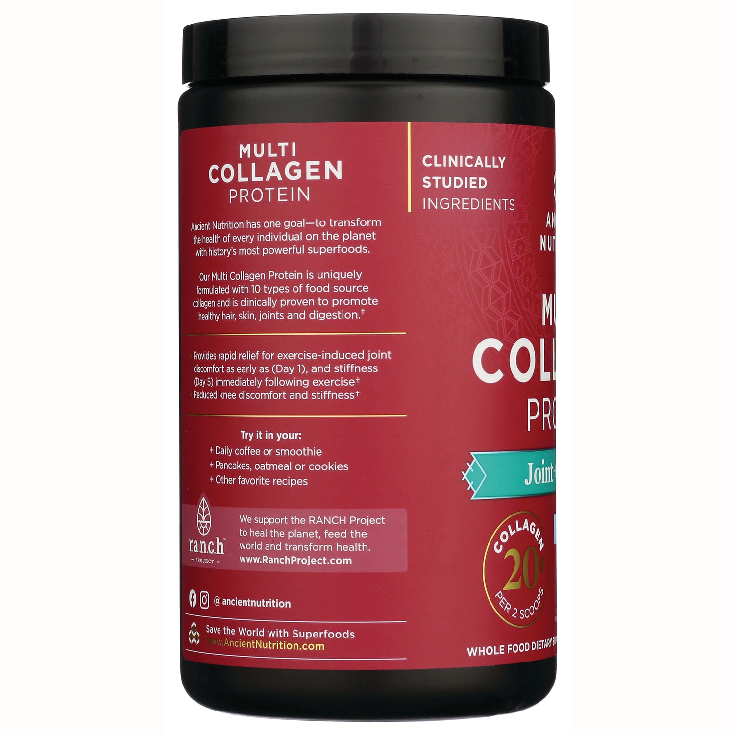 ATN049 | red-labeled Multi Collagen Protein jar side showing product infographic, usage suggestions and benefits text