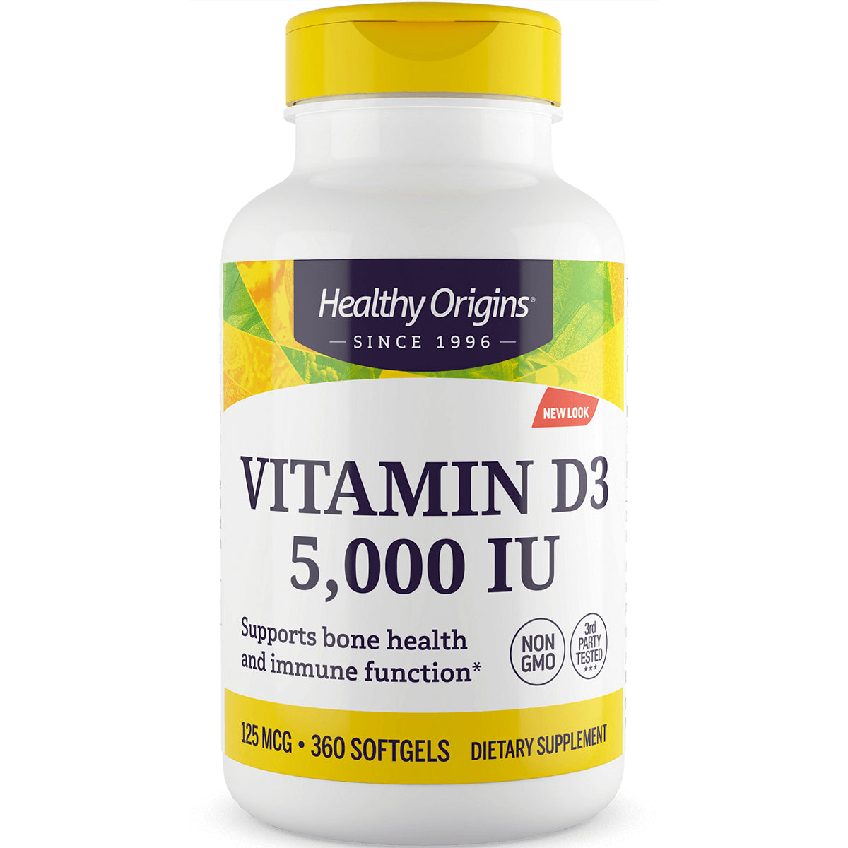 HRG001 | Healthy Origins Vitamin D3 5,000 IU softgels bottle with yellow cap, 360-count dietary supplement
