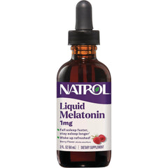 NA618 | NATROL Liquid Melatonin 1mg sleep supplement in 2 fl oz amber dropper bottle, berry flavor