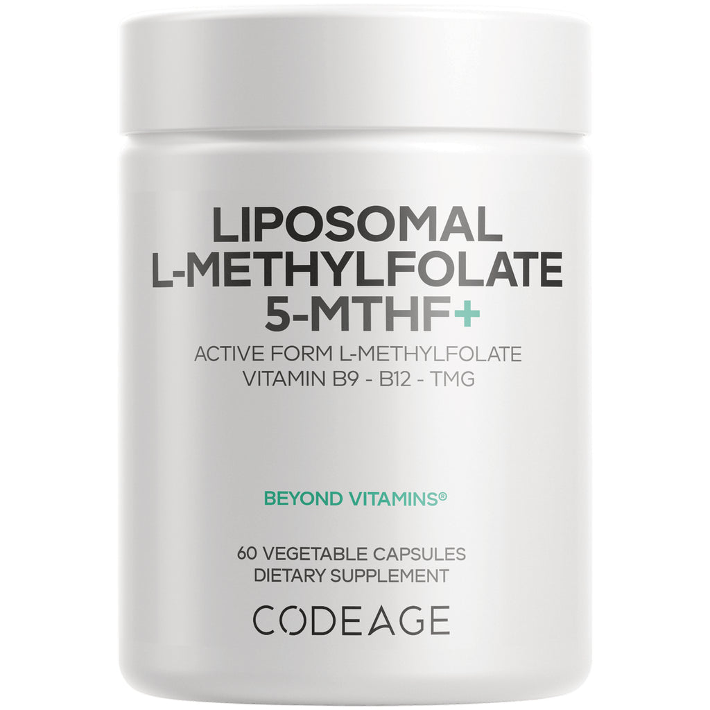 CDG066 | White Codeage supplement bottle front labeled LIPOSOMAL L-METHYLFOLATE 5-MTHF+ 60 vegetable capsules - Thumbnail