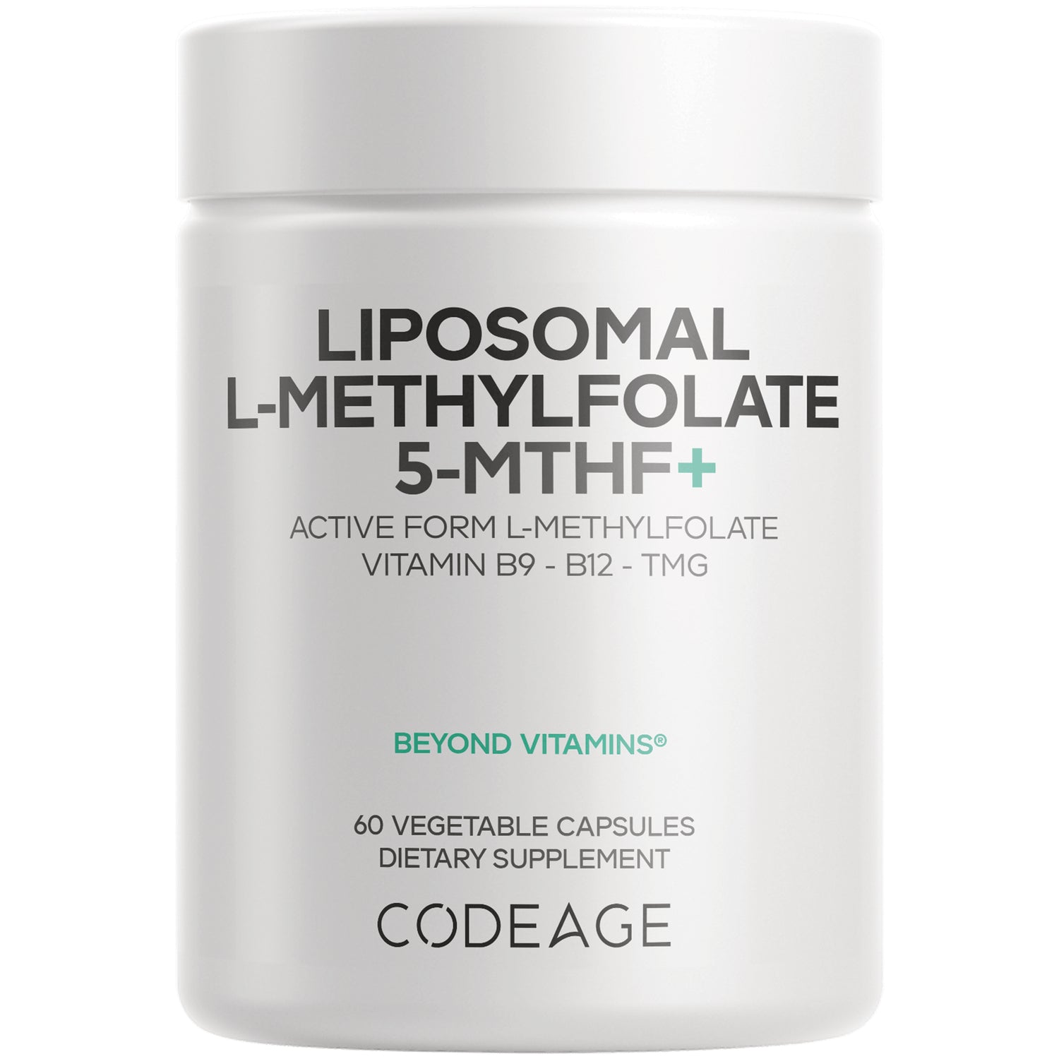 CDG066 | White Codeage supplement bottle front labeled LIPOSOMAL L-METHYLFOLATE 5-MTHF+ 60 vegetable capsules