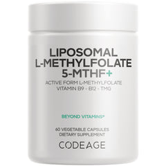CDG066 | White Codeage supplement bottle front labeled LIPOSOMAL L-METHYLFOLATE 5-MTHF+ 60 vegetable capsules