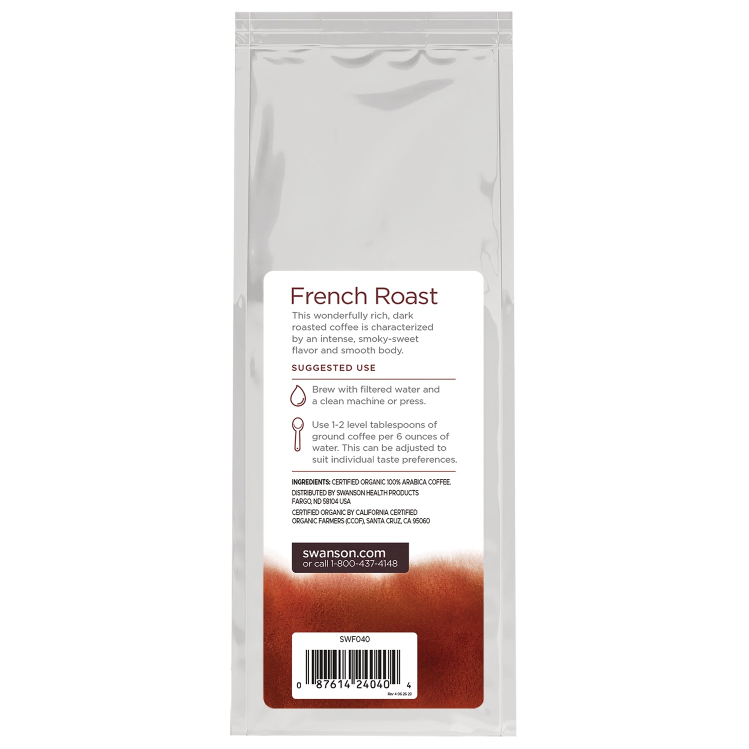 SWF040 | Back of coffee bag label reading French Roast with suggested use instructions and barcode